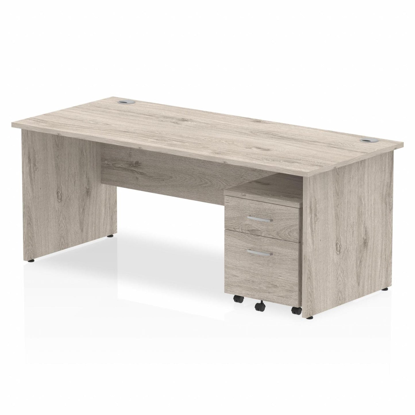 Grey oak straight desk with drawers on a white background