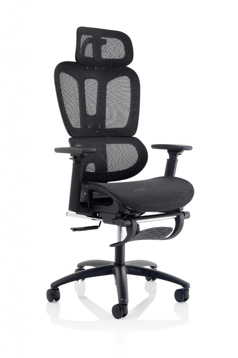 A black mesh executive office chair with height adjustable arms, headrest and footrest, viewed from an angle.