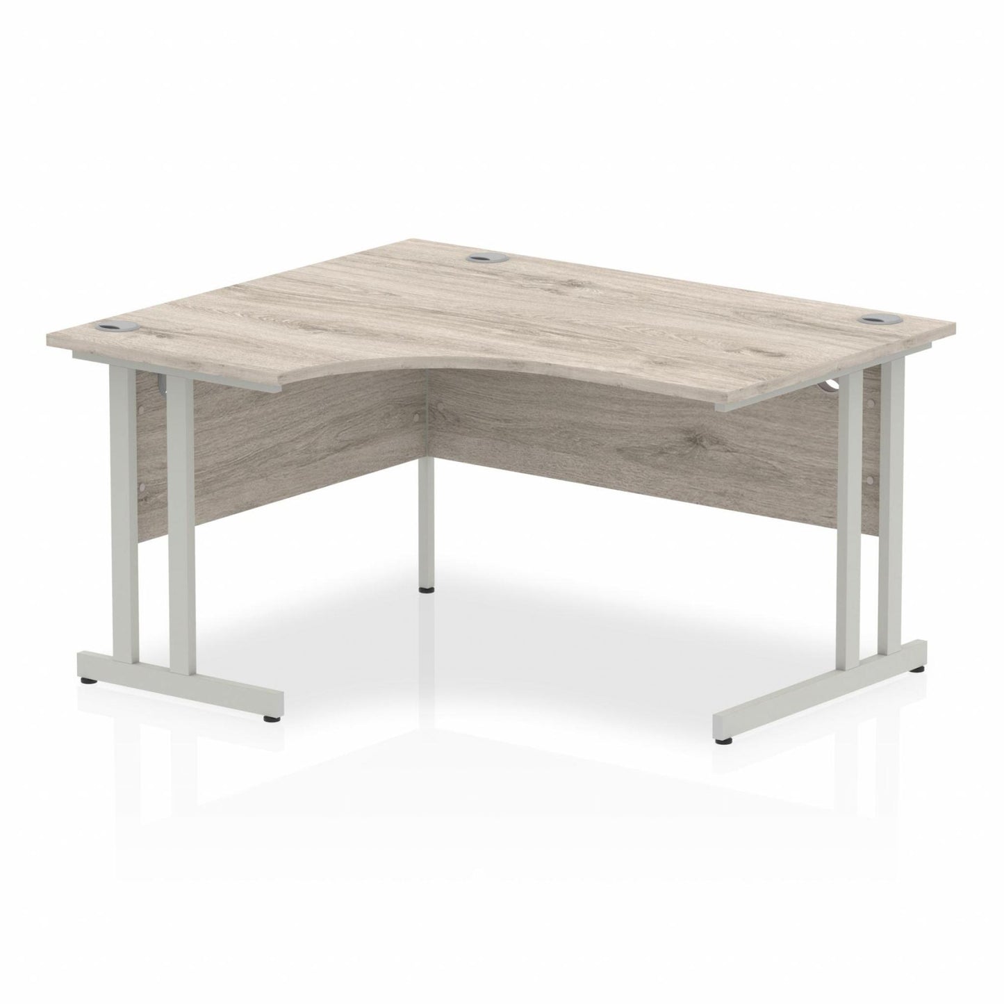 Grey oak L-shaped desk with drawers on a white background