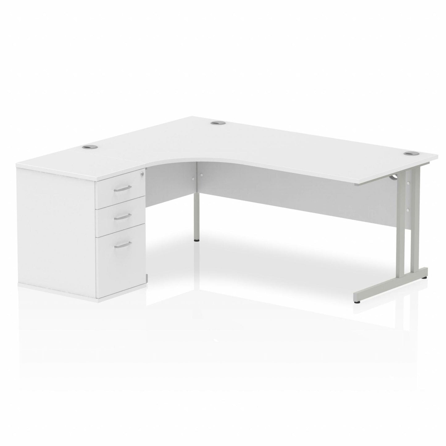 Impulse 1800mm Left Hand Curved Desk, White Top with Silver Cantilver Legs inc 3 Drawer Desk High Pedestal