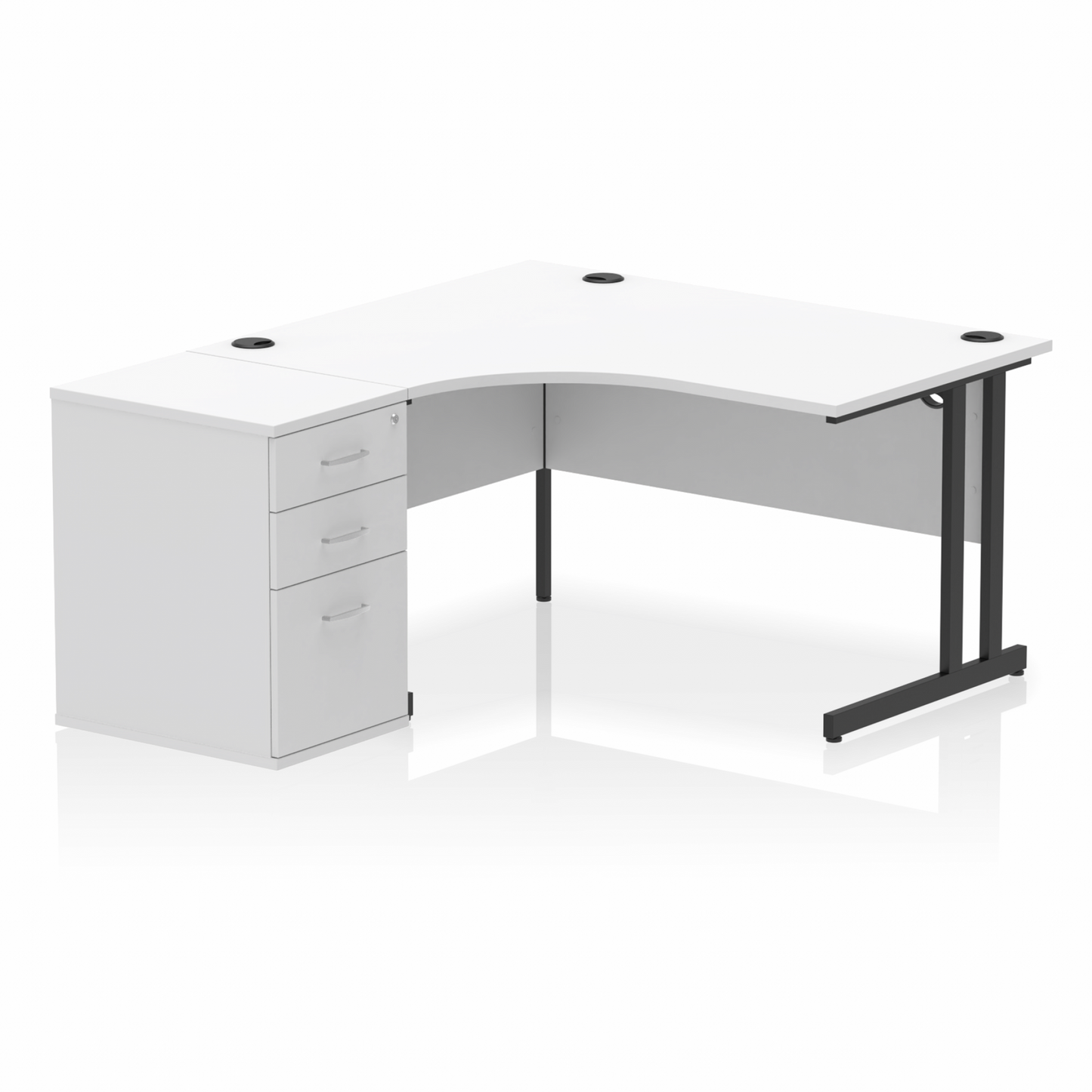 Impulse 1400mm Left Hand Curved Desk, White Top with Black Cantilver Legs inc 3 Drawer Desk High Pedestal