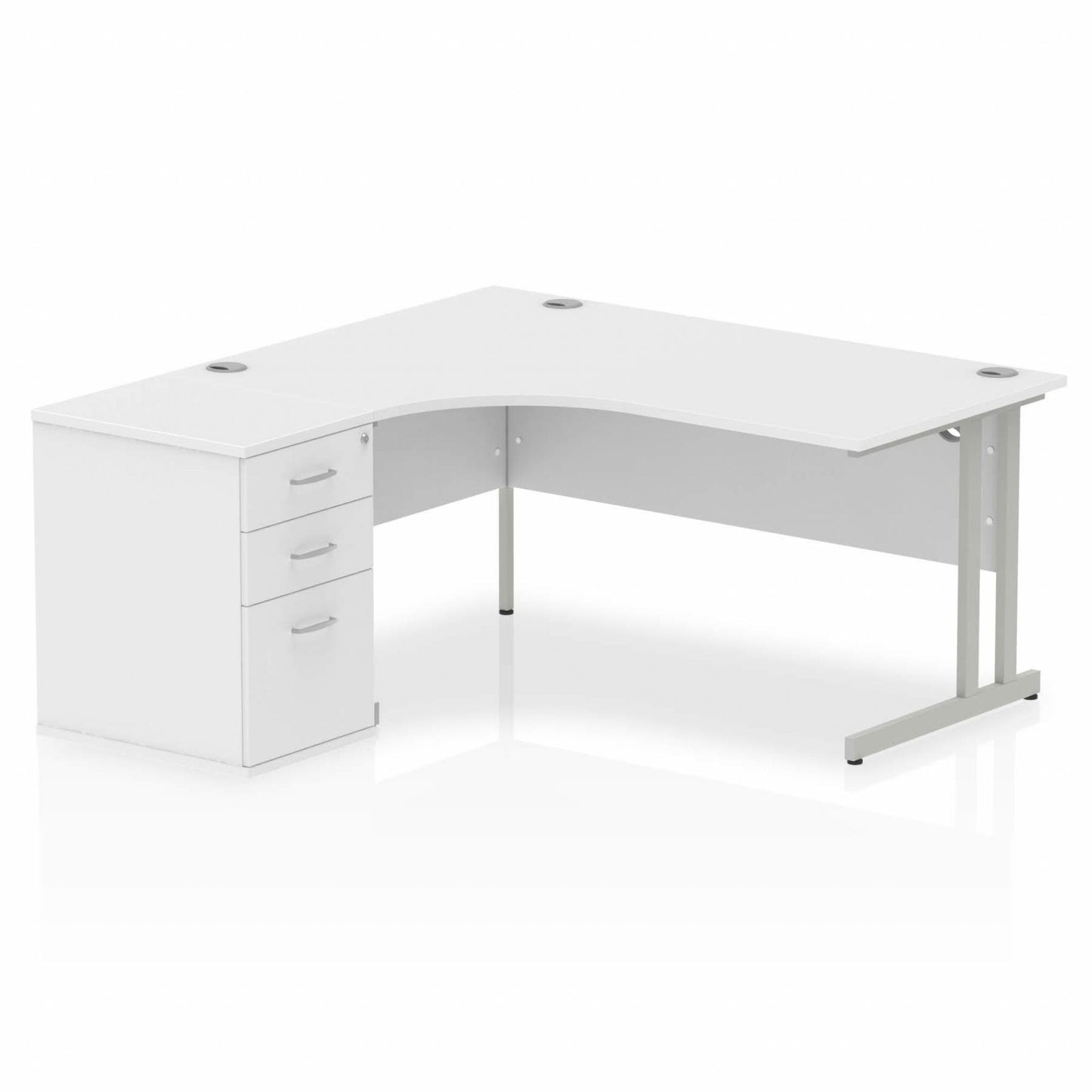 Impulse 1600mm Left Hand Curved Desk, White Top with Silver Cantilver Legs inc 3 Drawer Desk High Pedestal