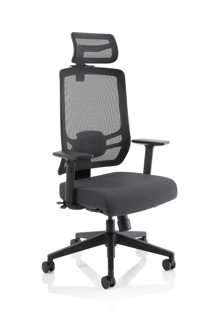 A black high mesh back operator chair with height adjustable arms, sitting on a five-star base with casters.