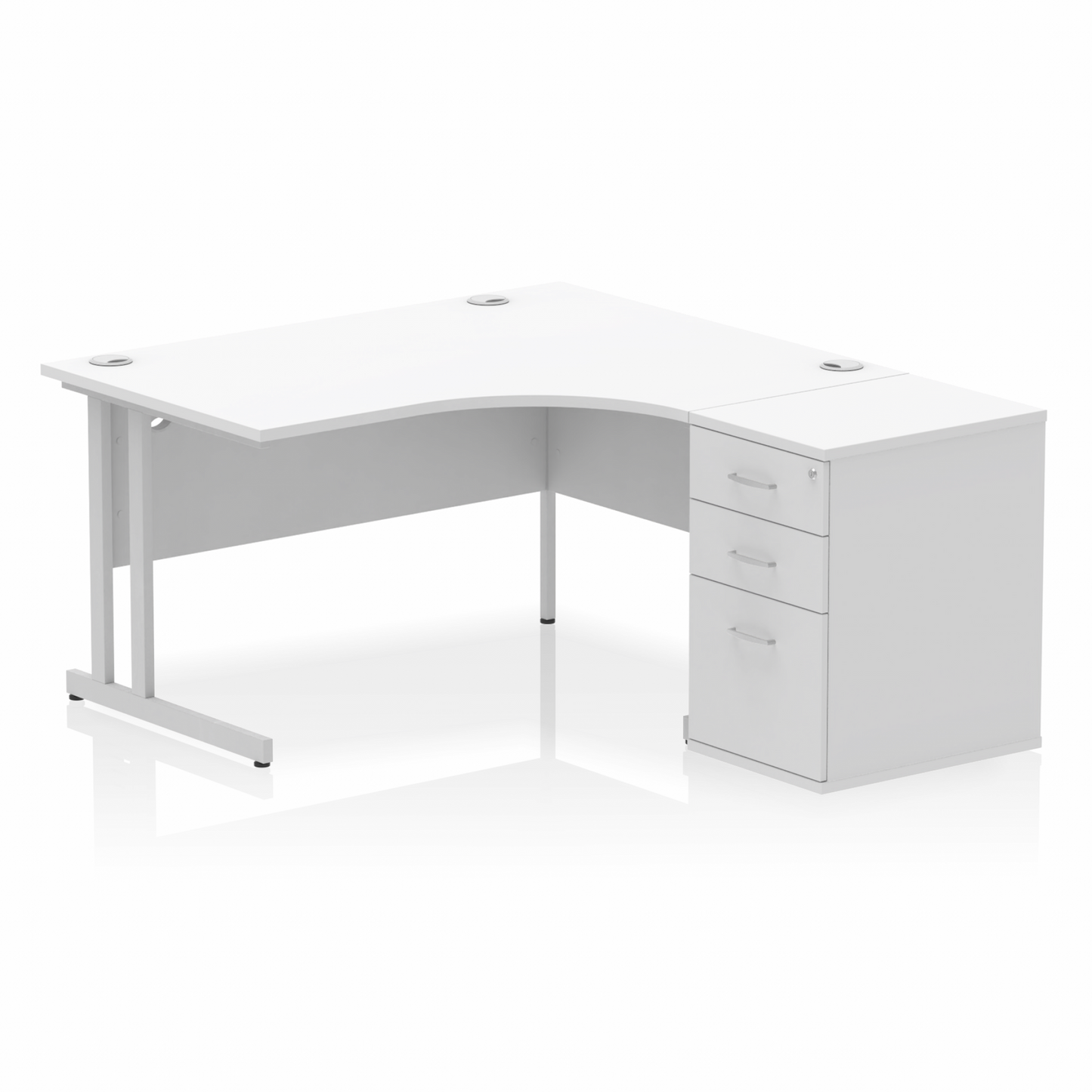 Impulse 1400mm Right Hand Curved Desk, White Top with Silver Cantilver Legs inc 3 Drawer Desk High Pedestal