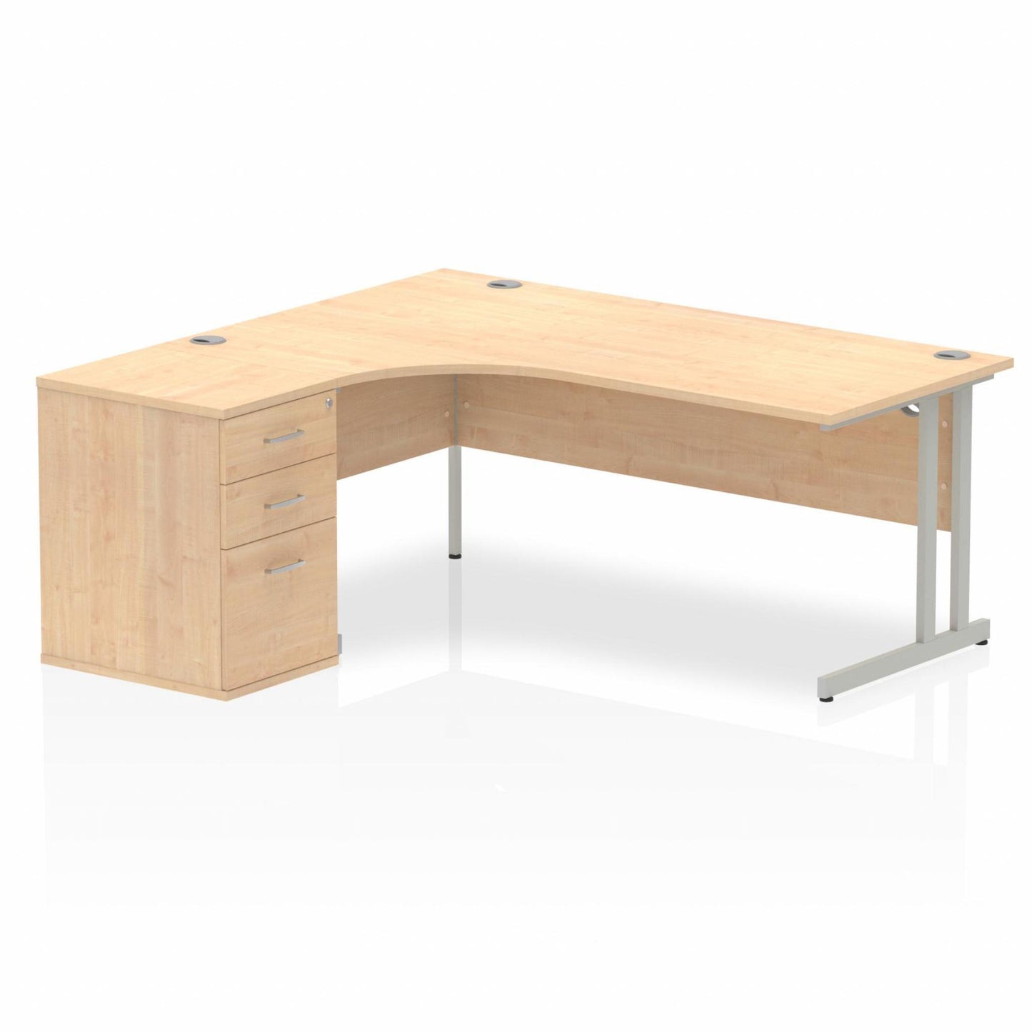 Impulse 1800mm Left Hand Curved Desk, Maple Top with Silver Cantilver Legs inc 3 Drawer Desk, High Pedestal