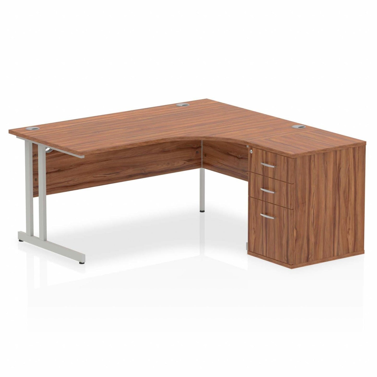 Impulse 1600mm Right Hand Curved Desk, Walnut Top with Silver Cantilver Legs inc 3 Drawer Desk High Pedestal