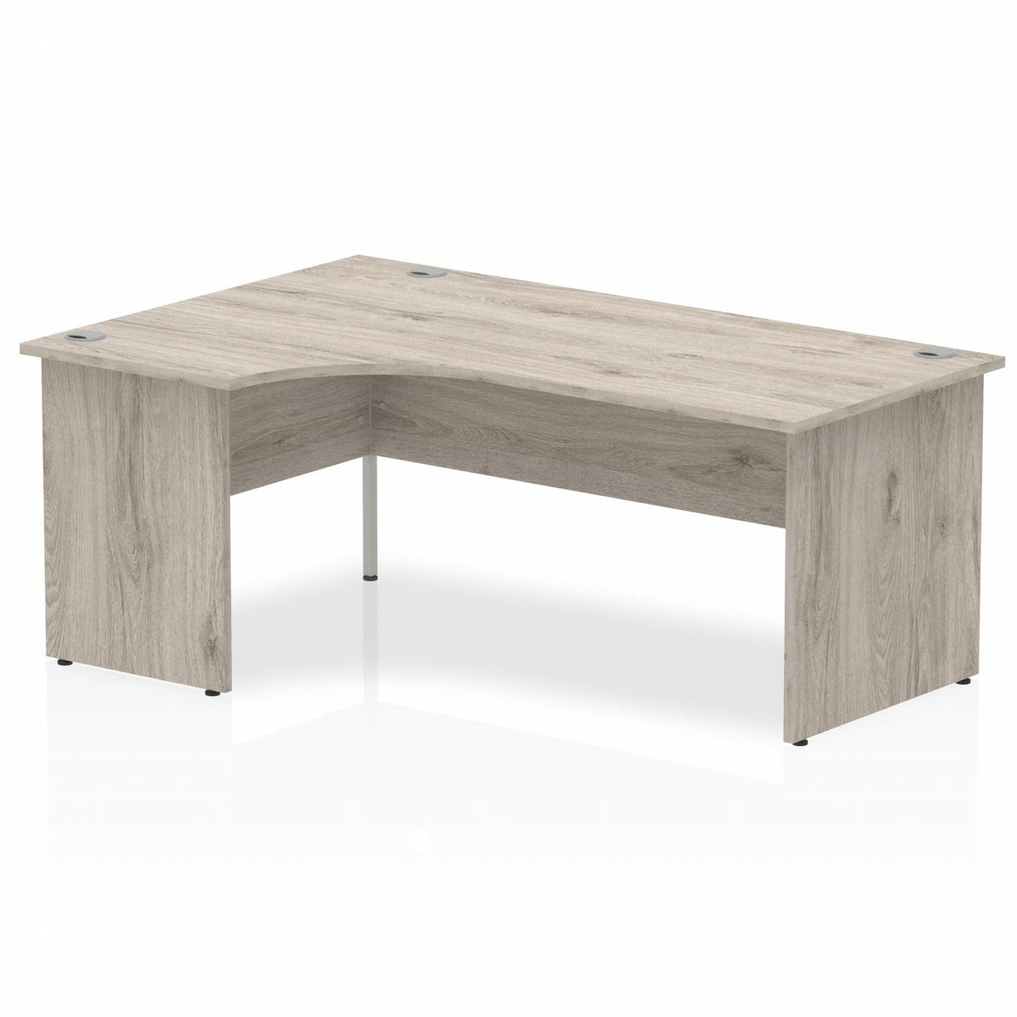 Grey oak L-shaped desk with drawers on a white background