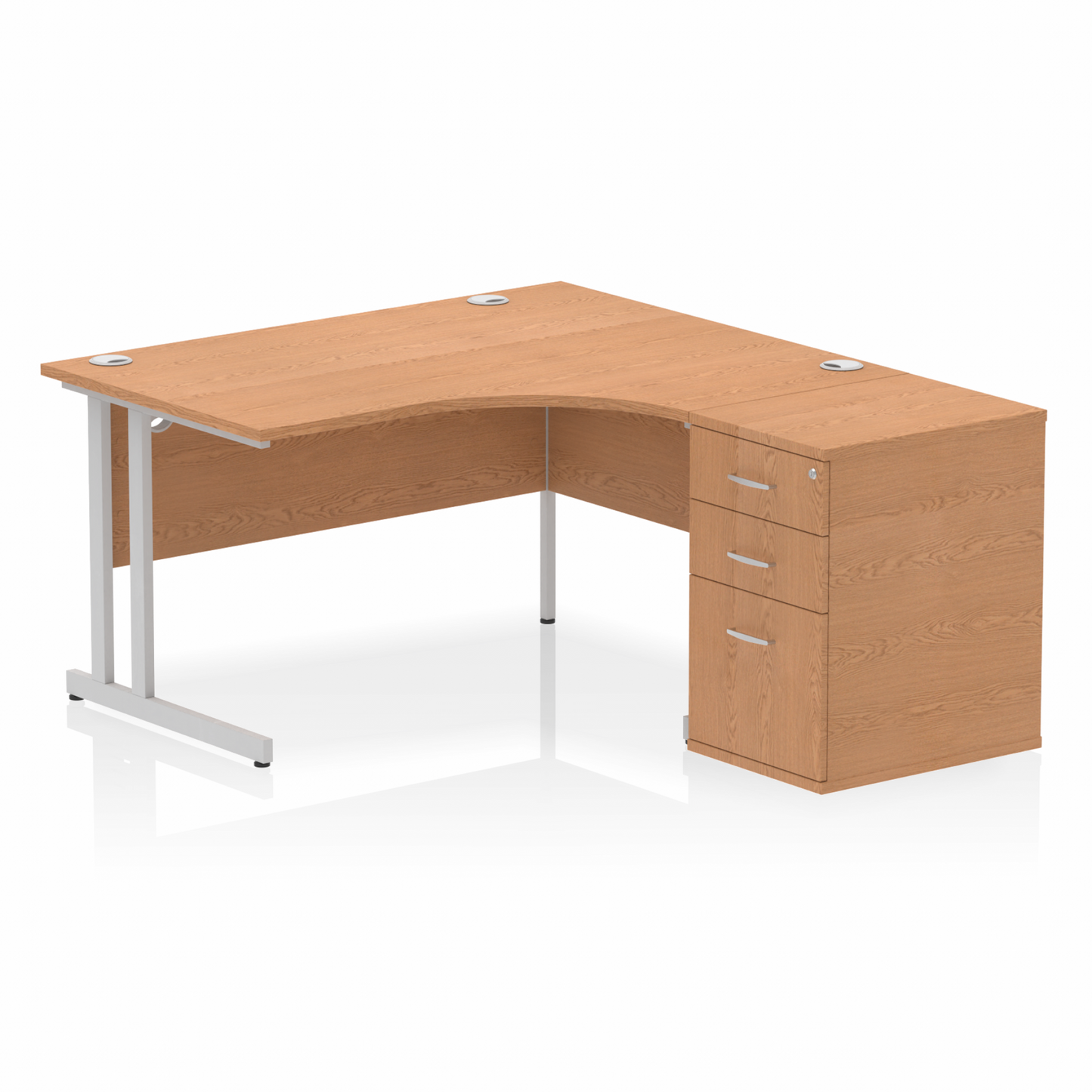 Impulse 1400mm Right Hand Curved Desk, Oak Top with Silver Cantilver Legs inc 3 Drawer Desk High Pedestal