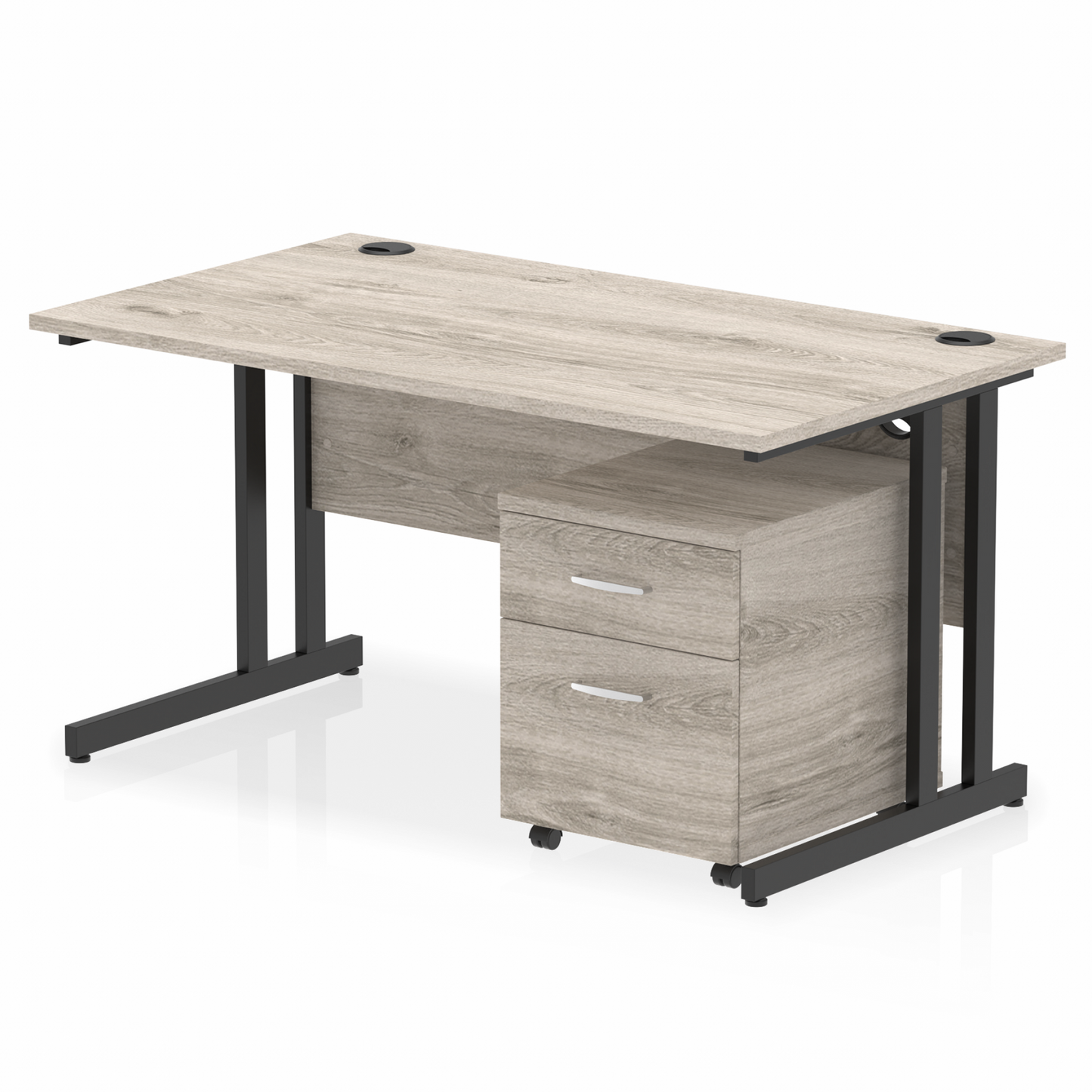 Impulse 1400x800mm Straight Desk, Grey Oak Top with Black Cantilever Legs inc 2 Drawer Mobile Pedestal
