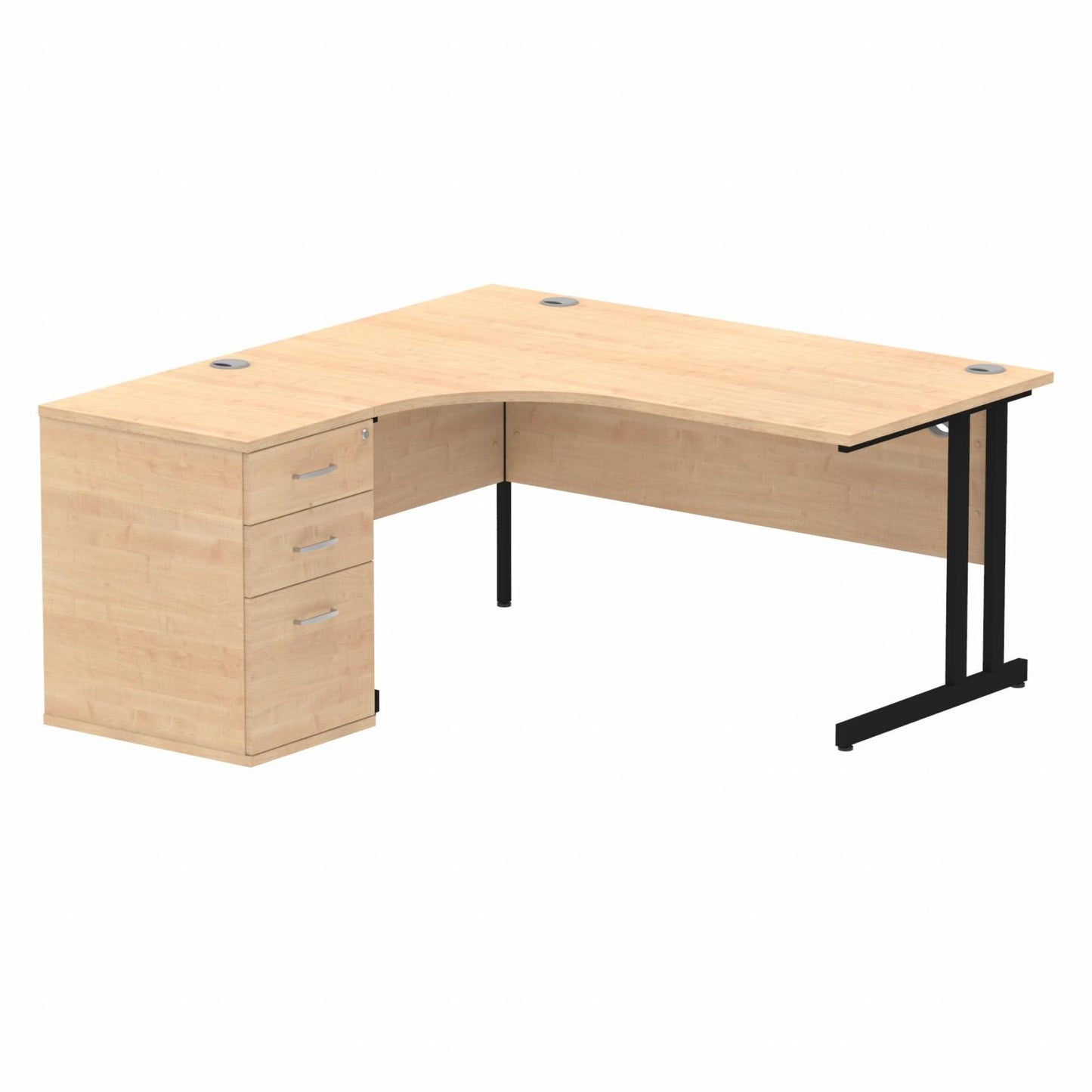 Impulse 1600mm Left Hand Curved Desk, Maple Top with Black Cantilver Legs inc 3 Drawer Desk, High Pedestal