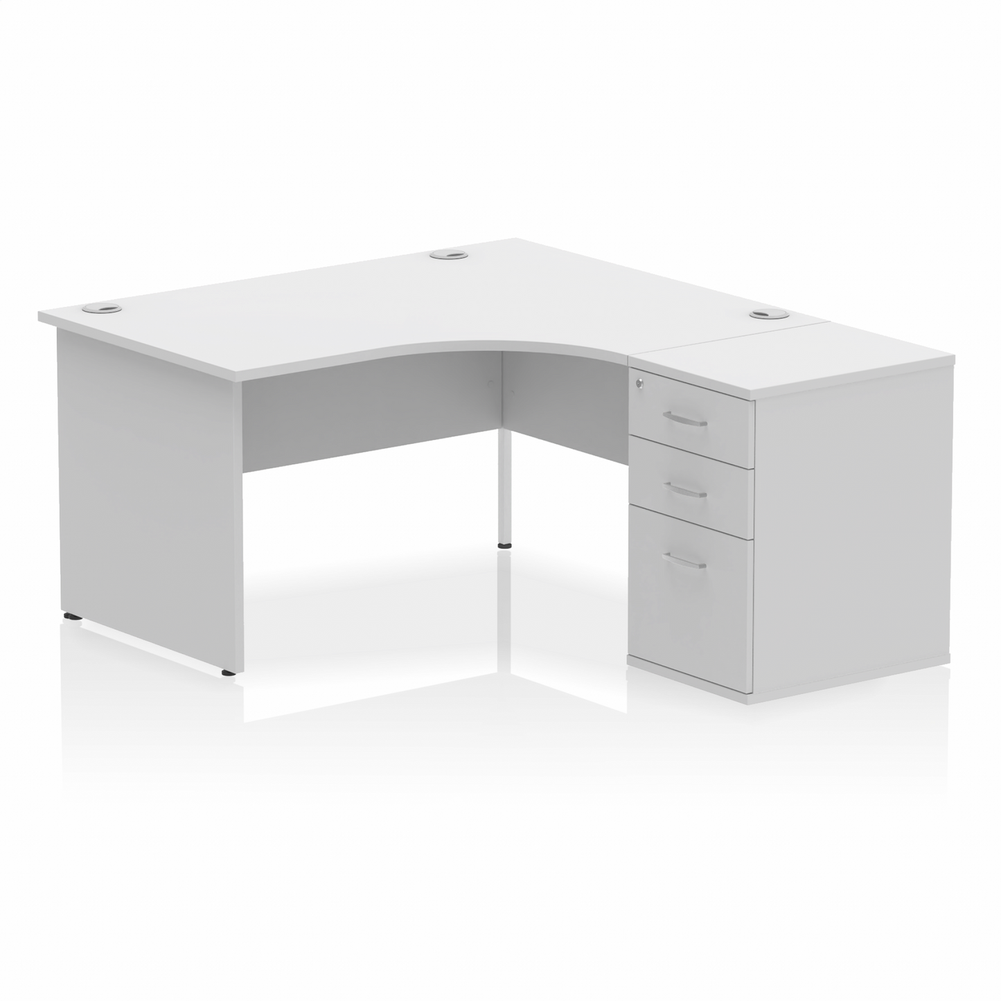 Impulse 1400mm Right Hand Curved Desk, White Top with Wooden Panel Legs inc 3 Drawer Desk High Pedestal