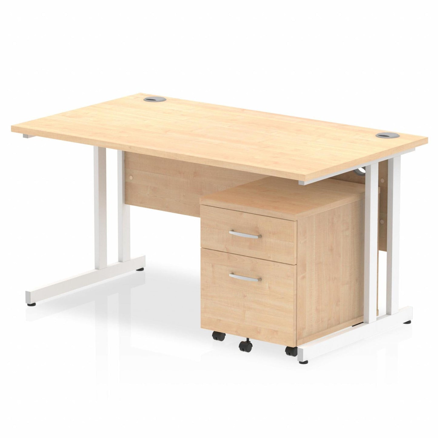 Maple straight desk with drawers on a white background