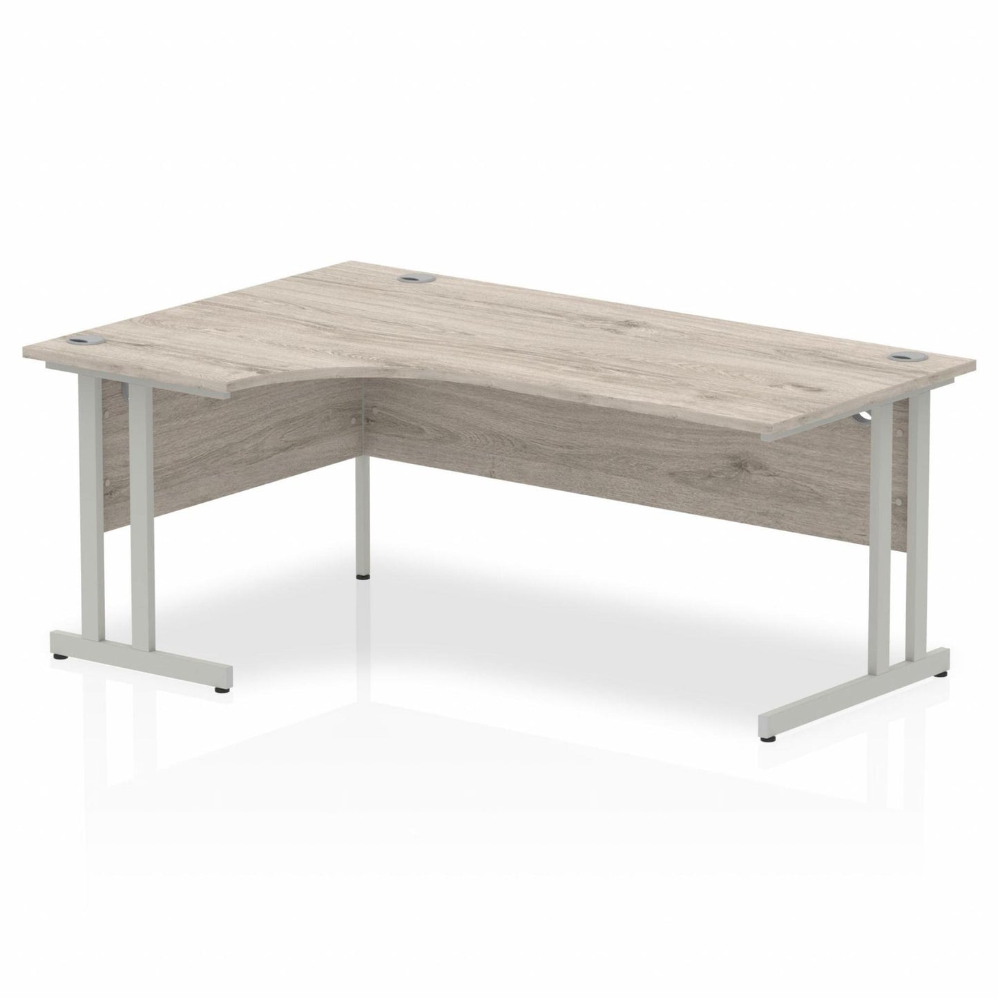 Grey oak L-shaped desk with drawers on a white background
