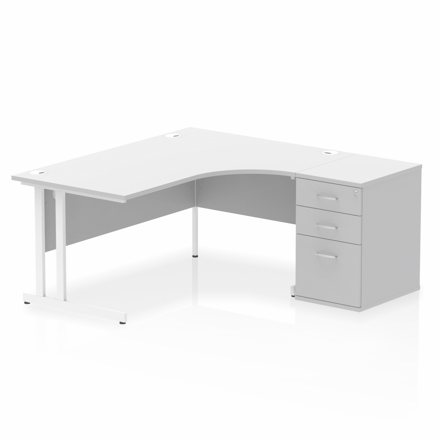 Impulse 1600mm Right Hand Curved Desk, White Top with White Cantilver Legs inc 3 Drawer Desk High Pedestal