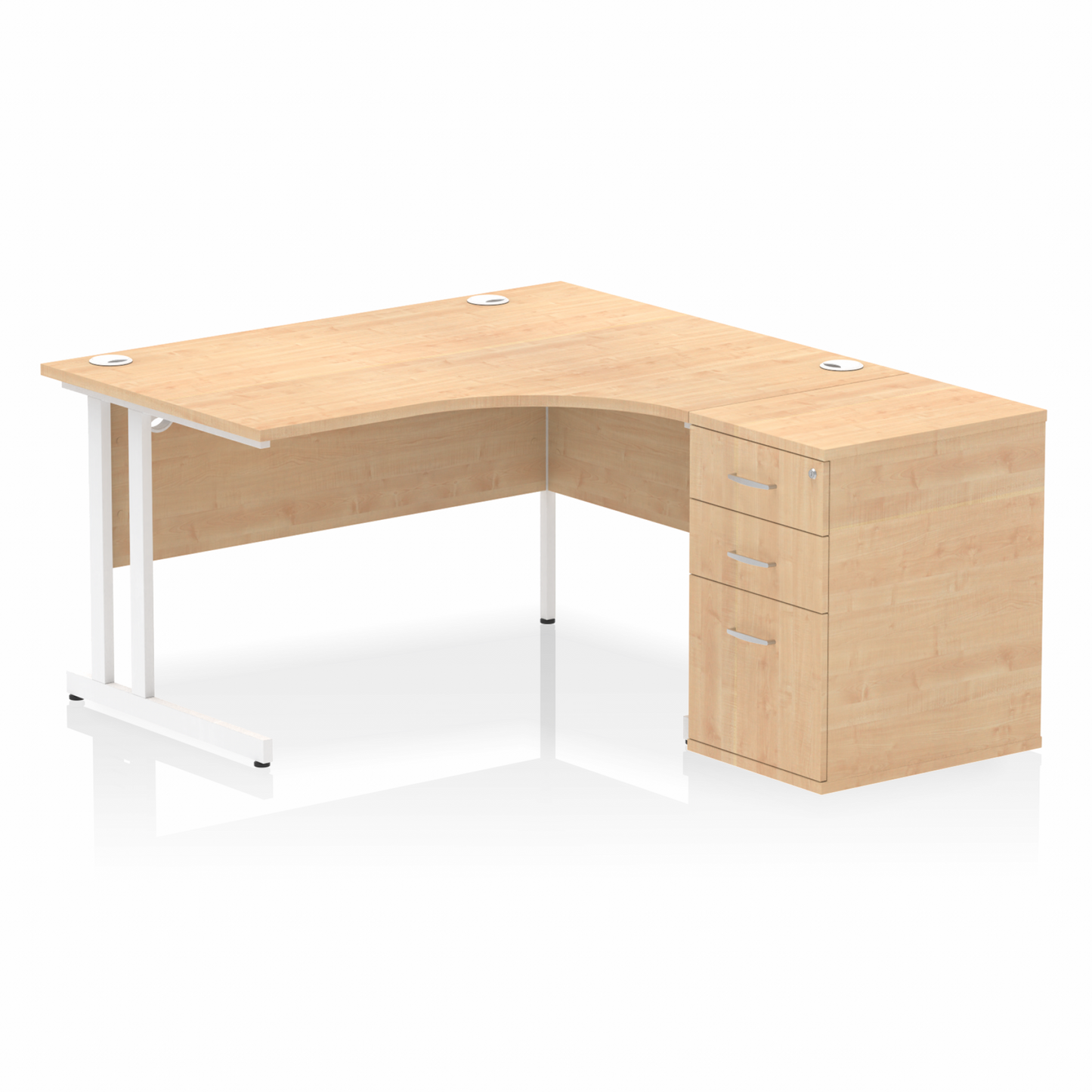 Impulse 1400mm Right Hand Curved Desk, Maple Top with White Cantilver Legs inc 3 Drawer Desk, High Pedestal