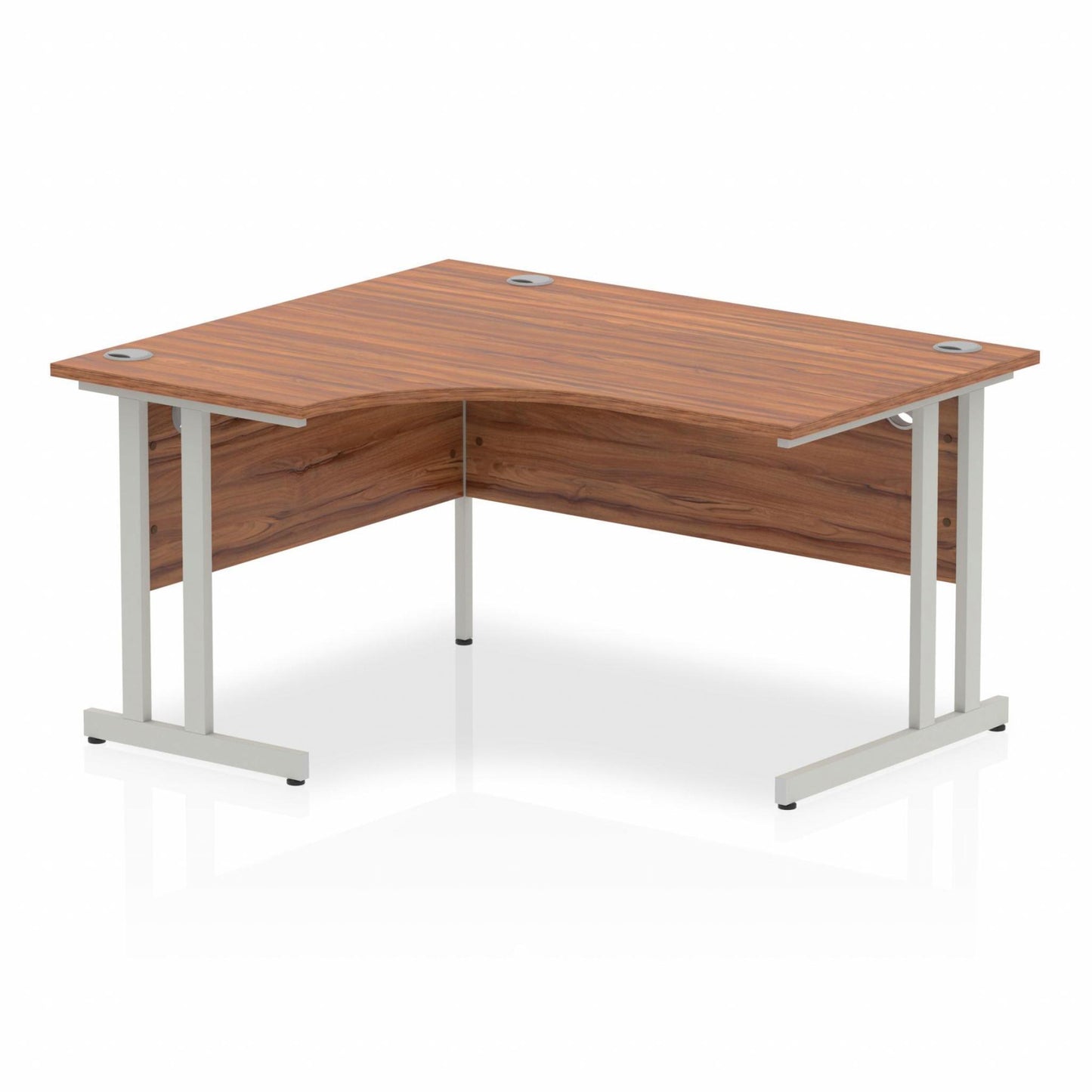 Walnut L-shaped desk with drawers on a white background
