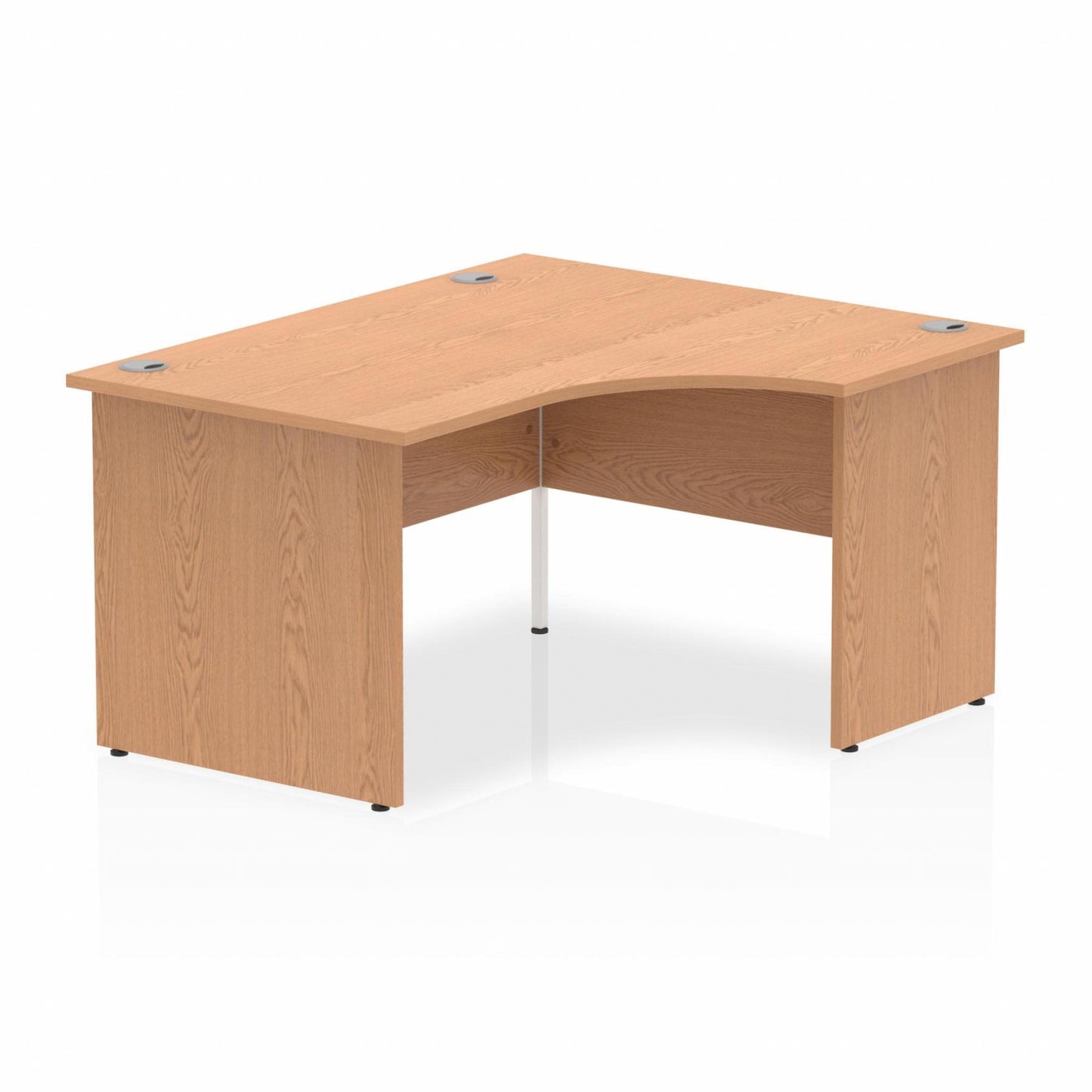 Oak L-shaped desk with drawers on a white background