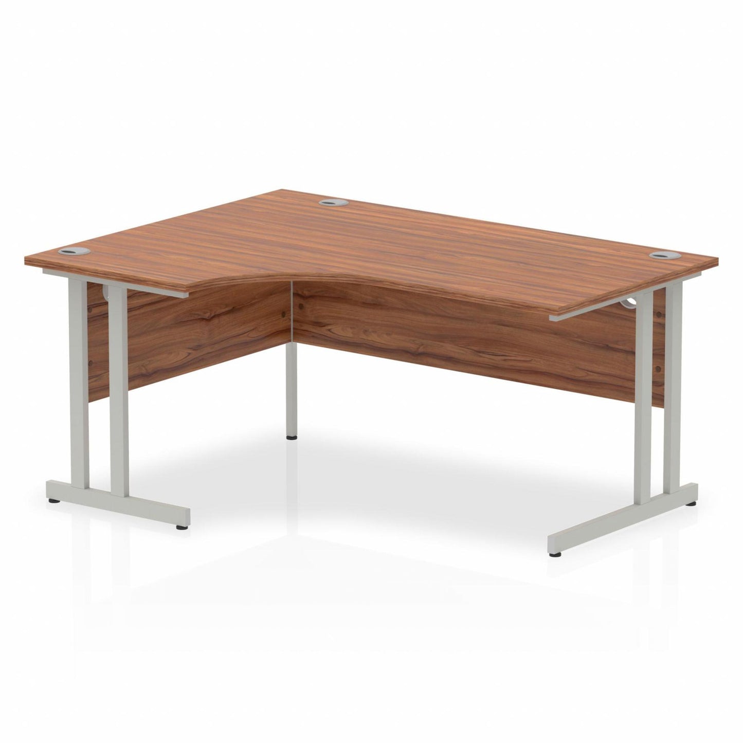 Walnut L-shaped desk with drawers on a white background