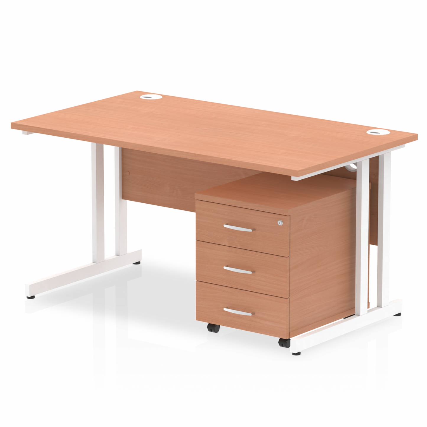 Impulse 1400x800mm Straight Desk, Beech Top with White Cantilever Legs inc 3 Drawer Mobile Pedestal