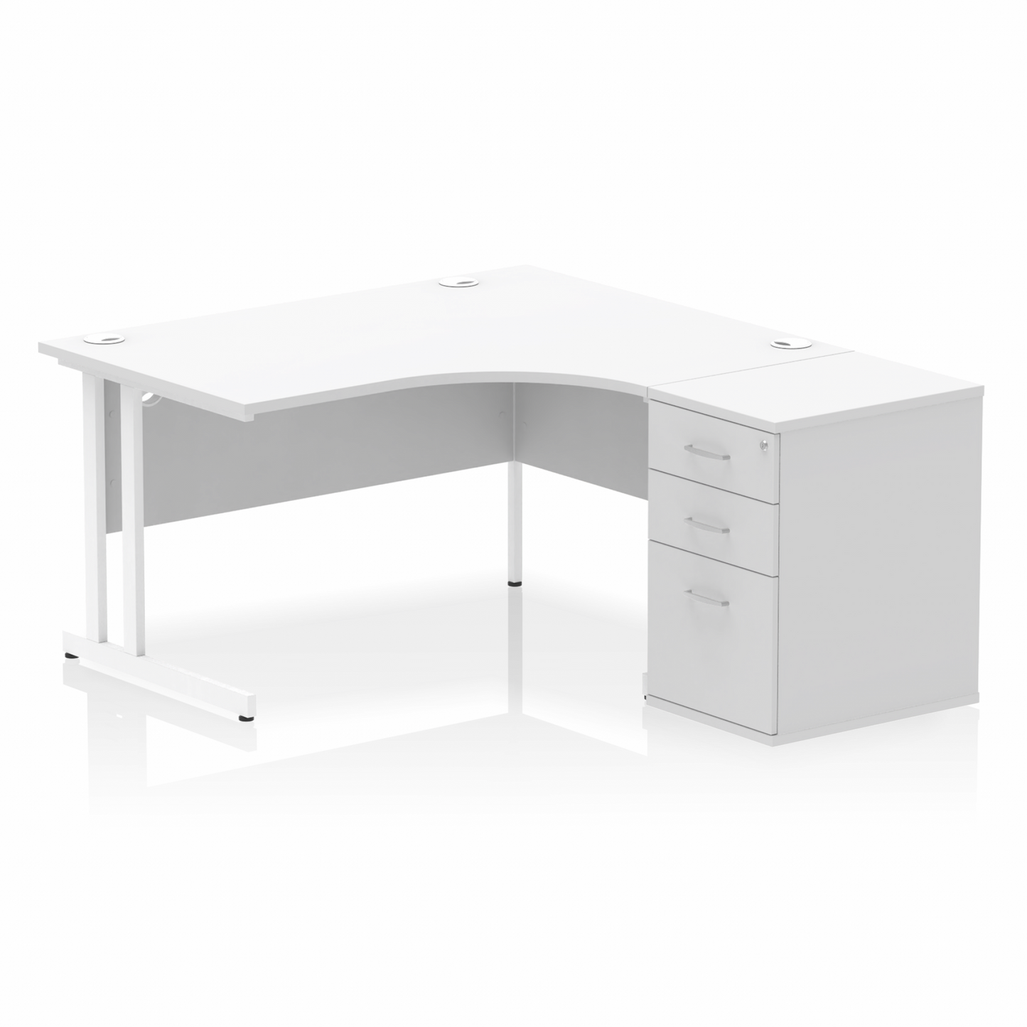 Impulse 1400mm Right Hand Curved Desk, White Top with White Cantilver Legs inc 3 Drawer Desk High Pedestal