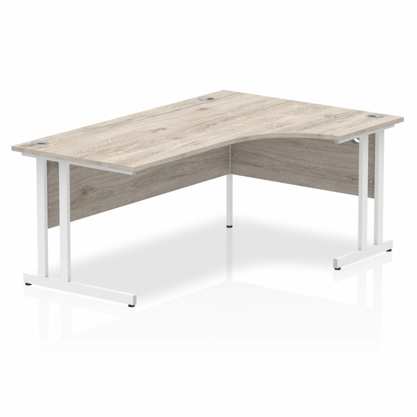 Grey oak L-shaped desk with drawers on a white background