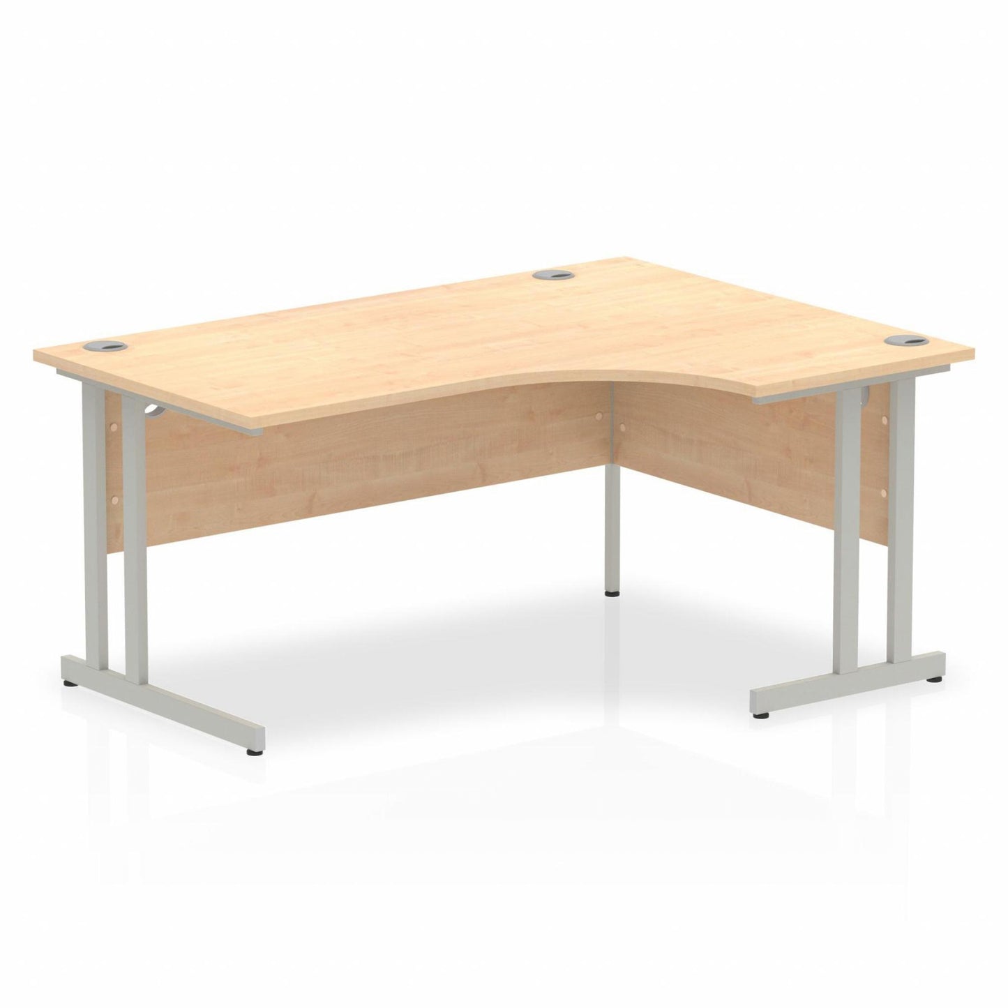 Maple L-shaped desk with drawers on a white background