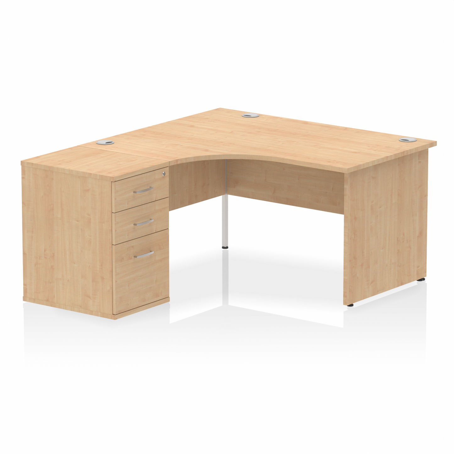 Impulse 1400mm Left Hand Curved Desk, Maple Top with Wooden Panel Legs inc 3 Drawer Desk, High Pedestal
