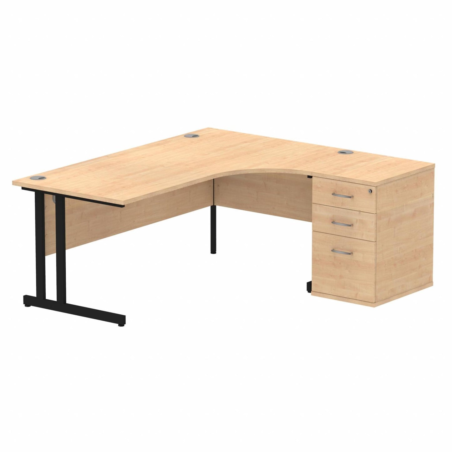 Impulse 1800mm Right Hand Curved Desk, Maple Top with Black Cantilver Legs inc 3 Drawer Desk, High Pedestal