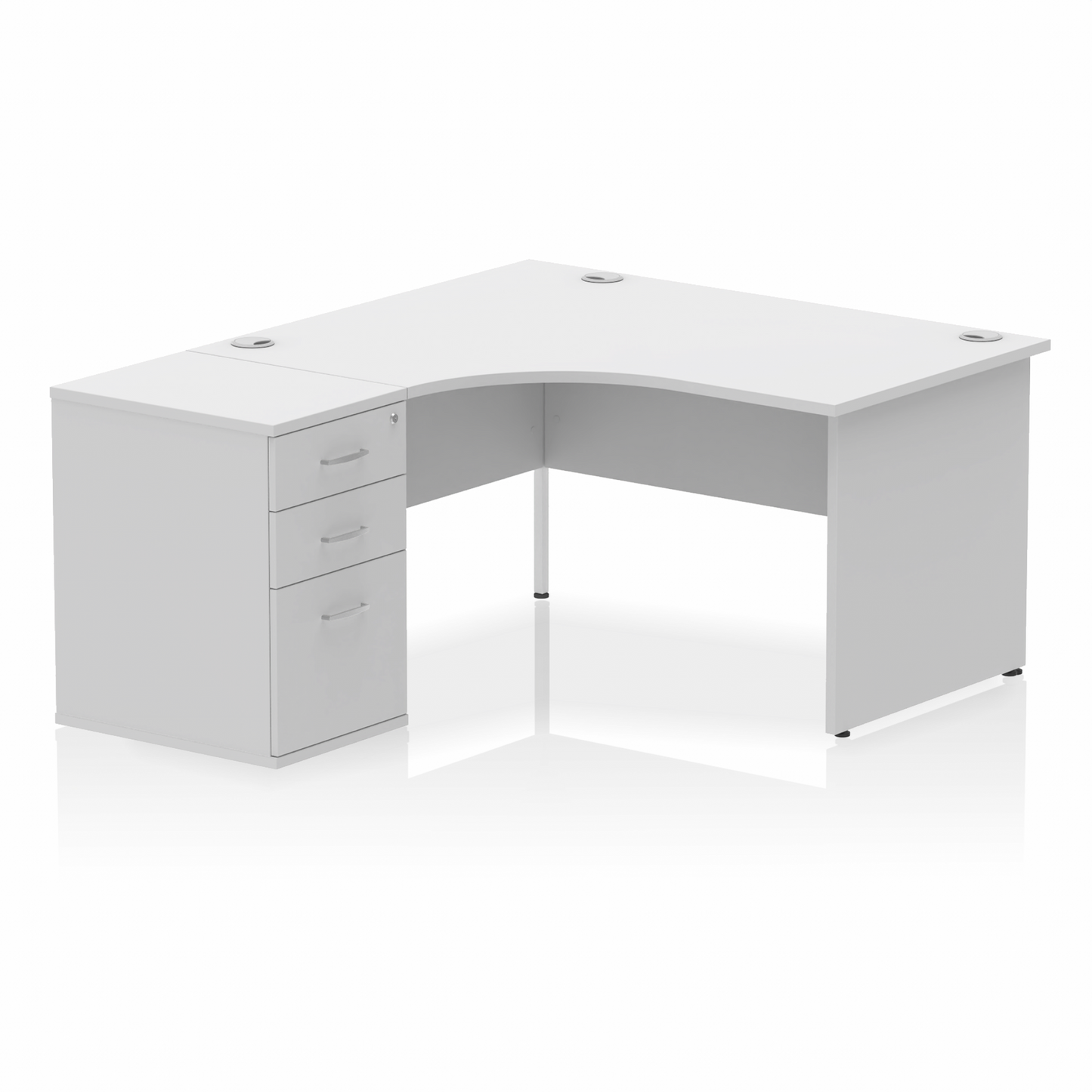 Impulse 1400mm Left Hand Curved Desk, White Top with Wooden Panel Legs inc 3 Drawer Desk High Pedestal