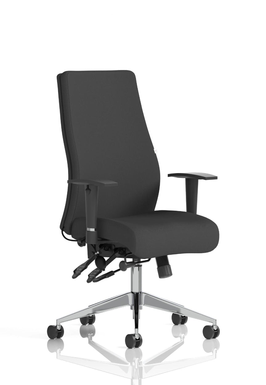 A black high back posture fabric chair with height adjustable arms and a five star brushed aluminium base, featuring multiple adjustment controls.