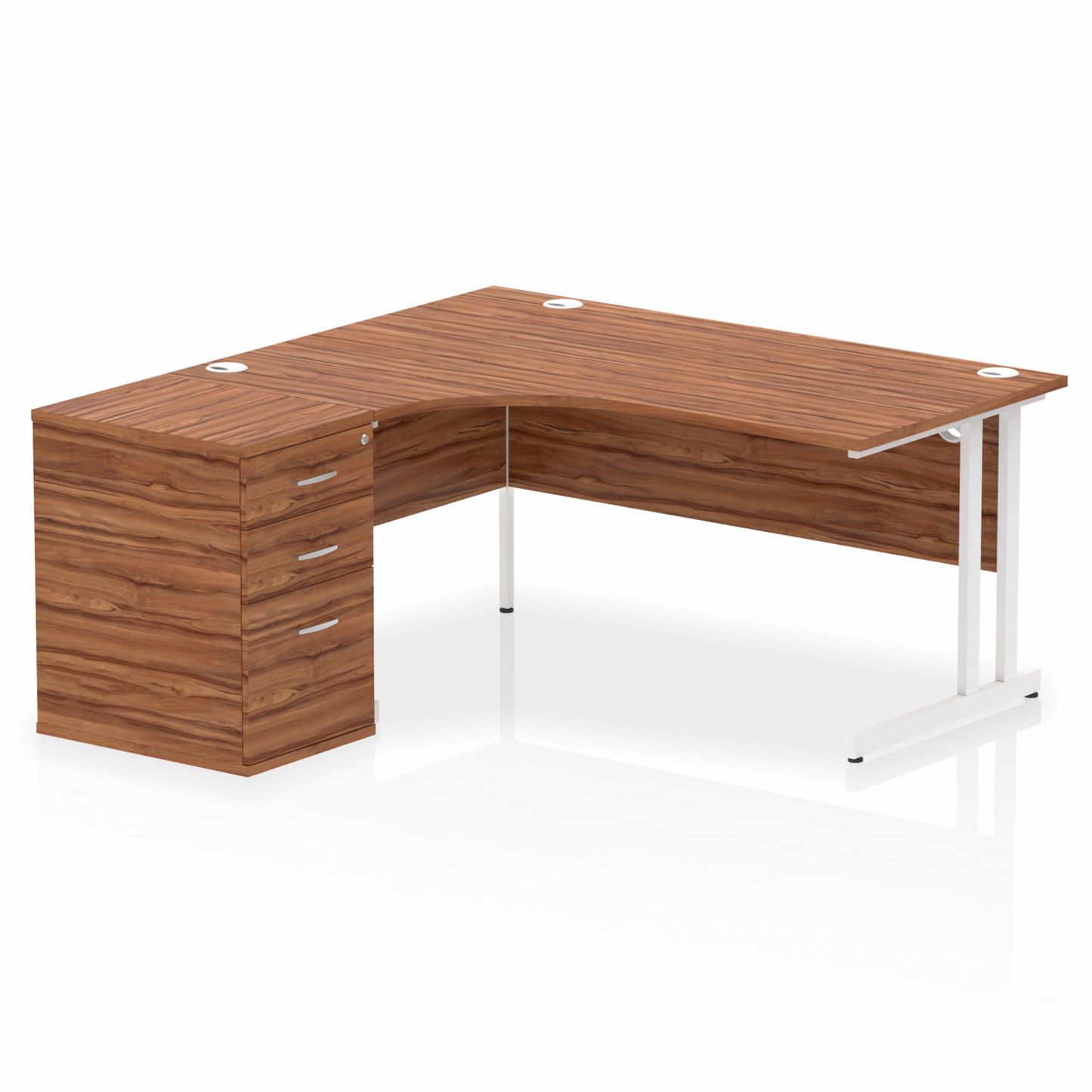 Impulse 1600mm Left Hand Curved Desk, Walnut Top with White Cantilver Legs inc 3 Drawer Desk High Pedestal