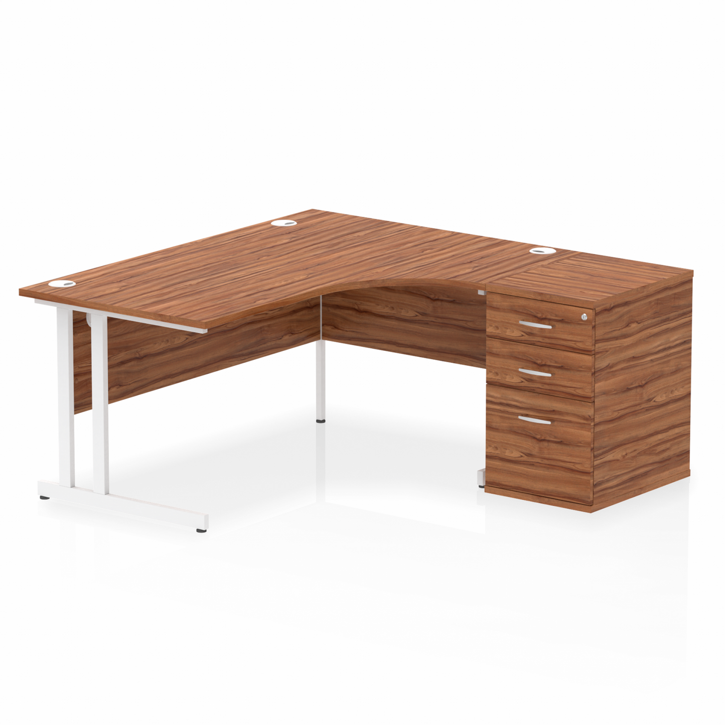 Impulse 1600mm Right Hand Curved Desk, Walnut Top with White Cantilver Legs inc 3 Drawer Desk High Pedestal