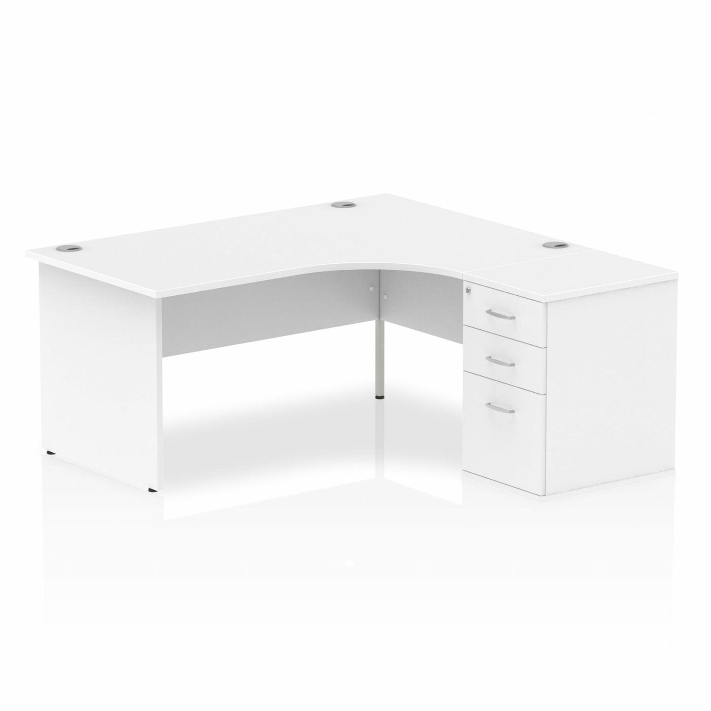 Impulse 1600mm Right Hand Curved Desk, White Top with Wooden Panel Legs inc 3 Drawer Desk High Pedestal