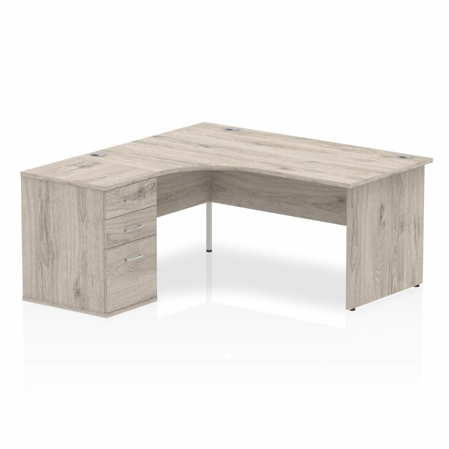 Grey oak L-shaped desk with drawers on a white background