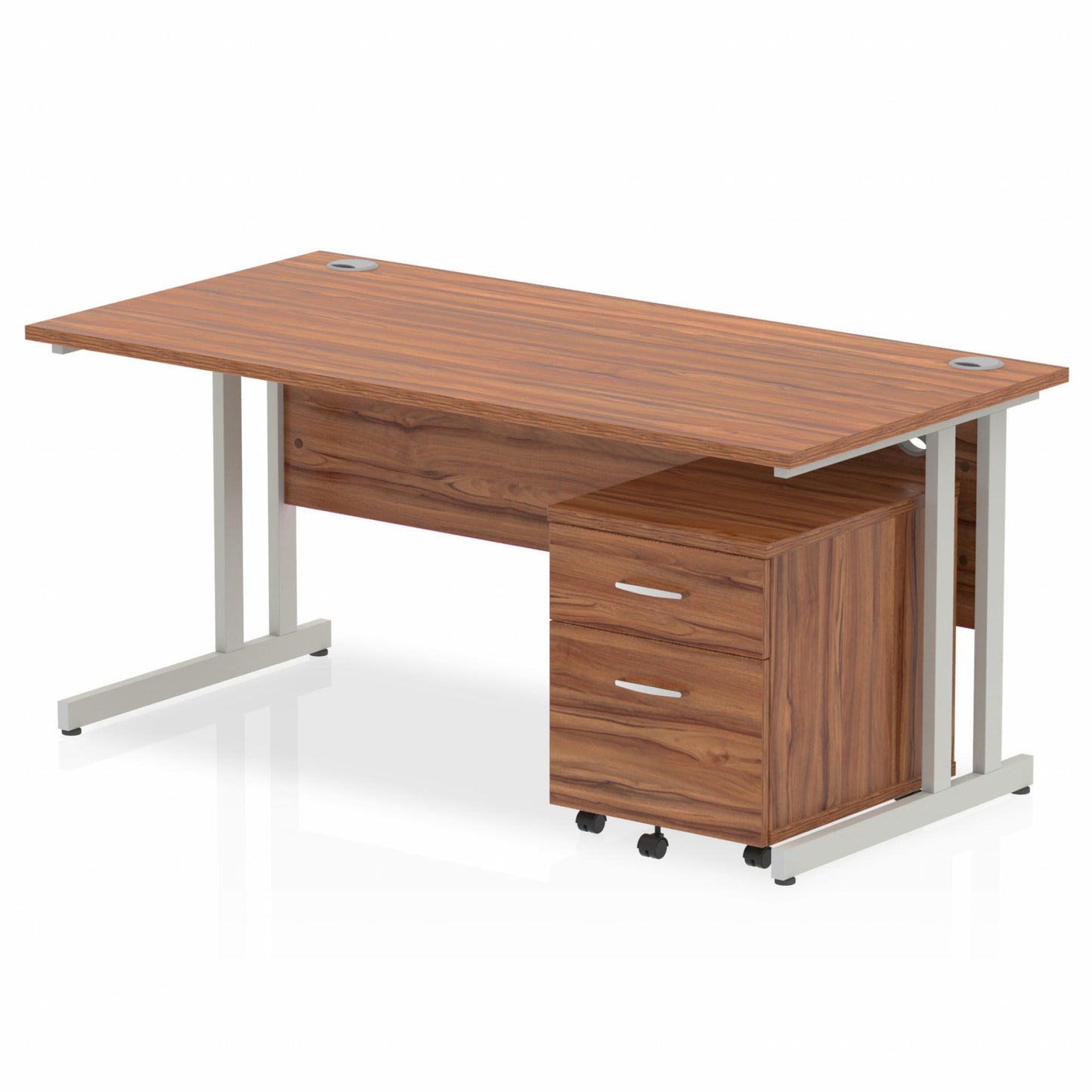 Walnut straight desk with drawers on a white background