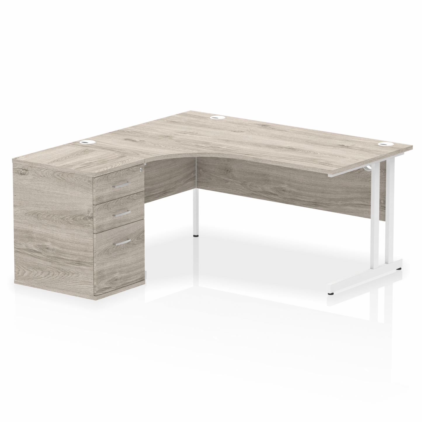 Impulse 1600mm Left Hand Curved Desk, Grey Oak Top with White Cantilver Legs inc 3 Drawer Desk High Pedestal