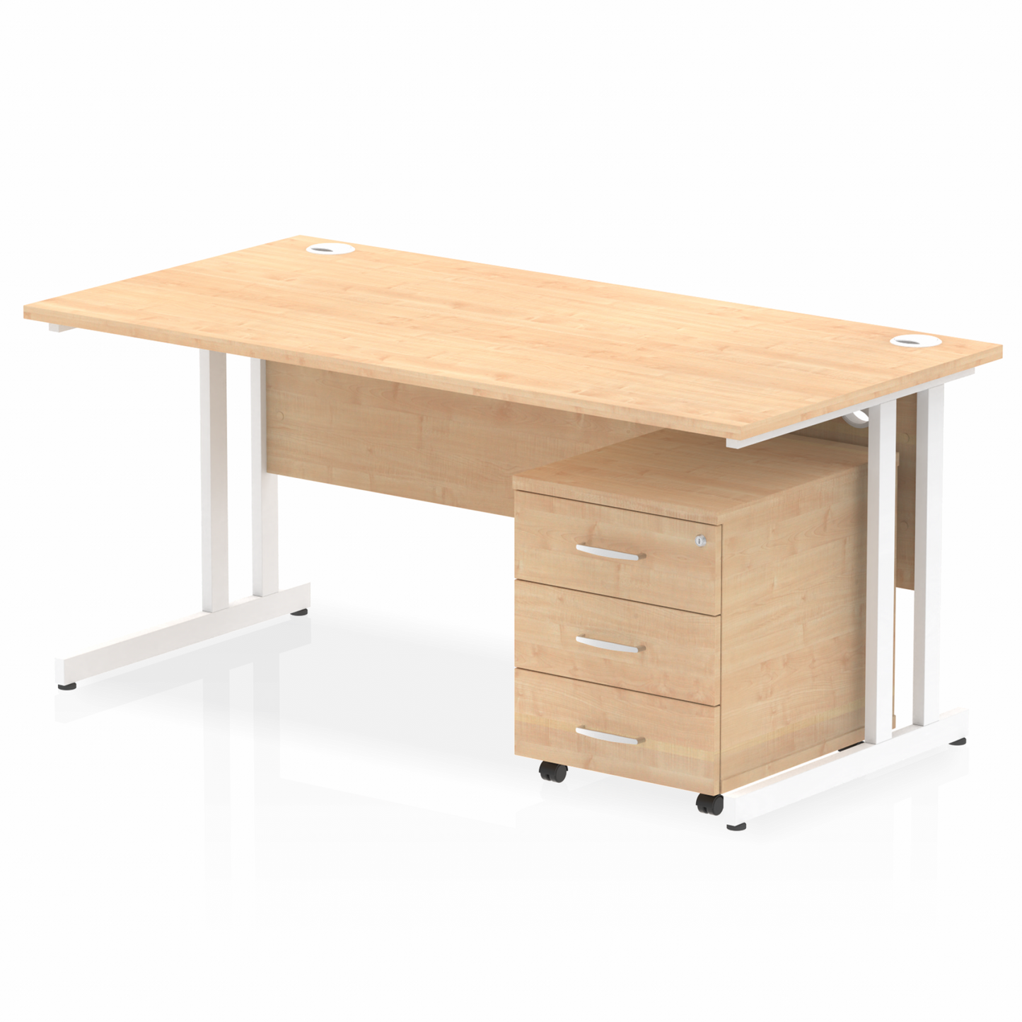 Impulse 1600x800mm Straight Desk, Maple Top with White Cantilever Legs inc 3 Drawer Mobile Pedestal