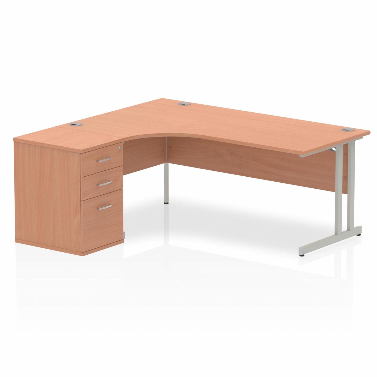 Impulse 1800mm Left Hand Curved Desk, Beech Top with Silver Cantilver Legs inc 3 Drawer Desk High Pedestal