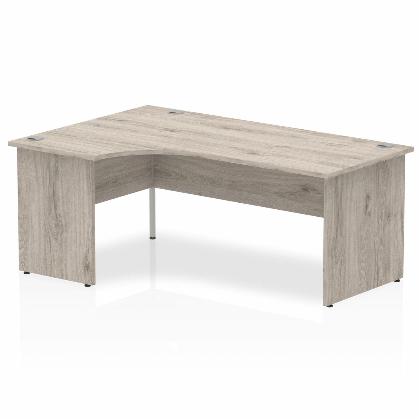 Impulse 1800mm Left Hand Curved Desk, Grey Oak Top with Wooden Panel Legs