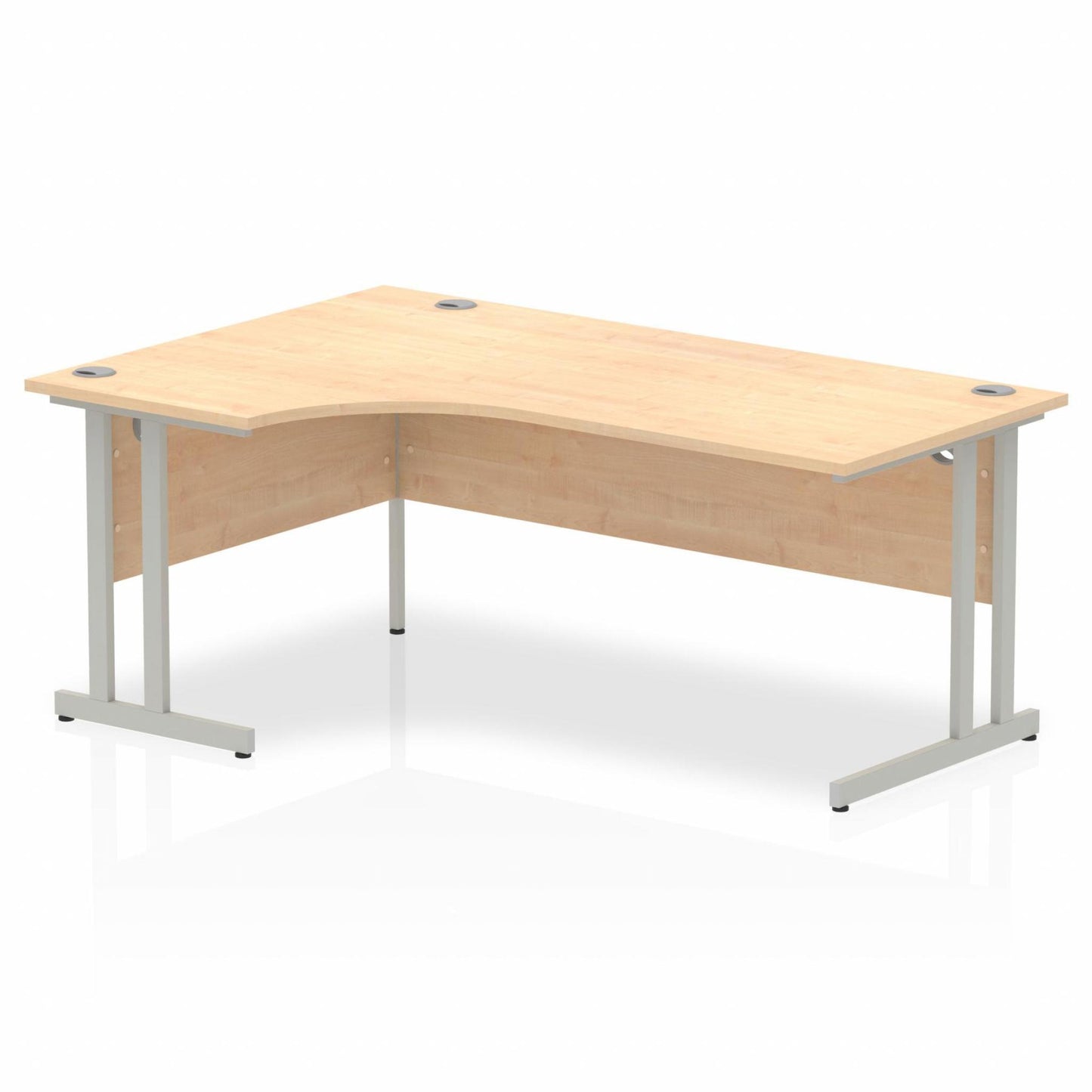 Maple L-shaped desk with drawers on a white background