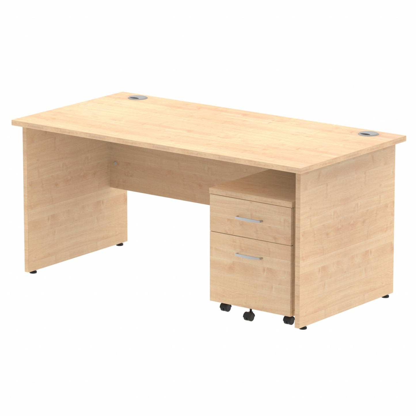 Maple straight desk with drawers on a white background