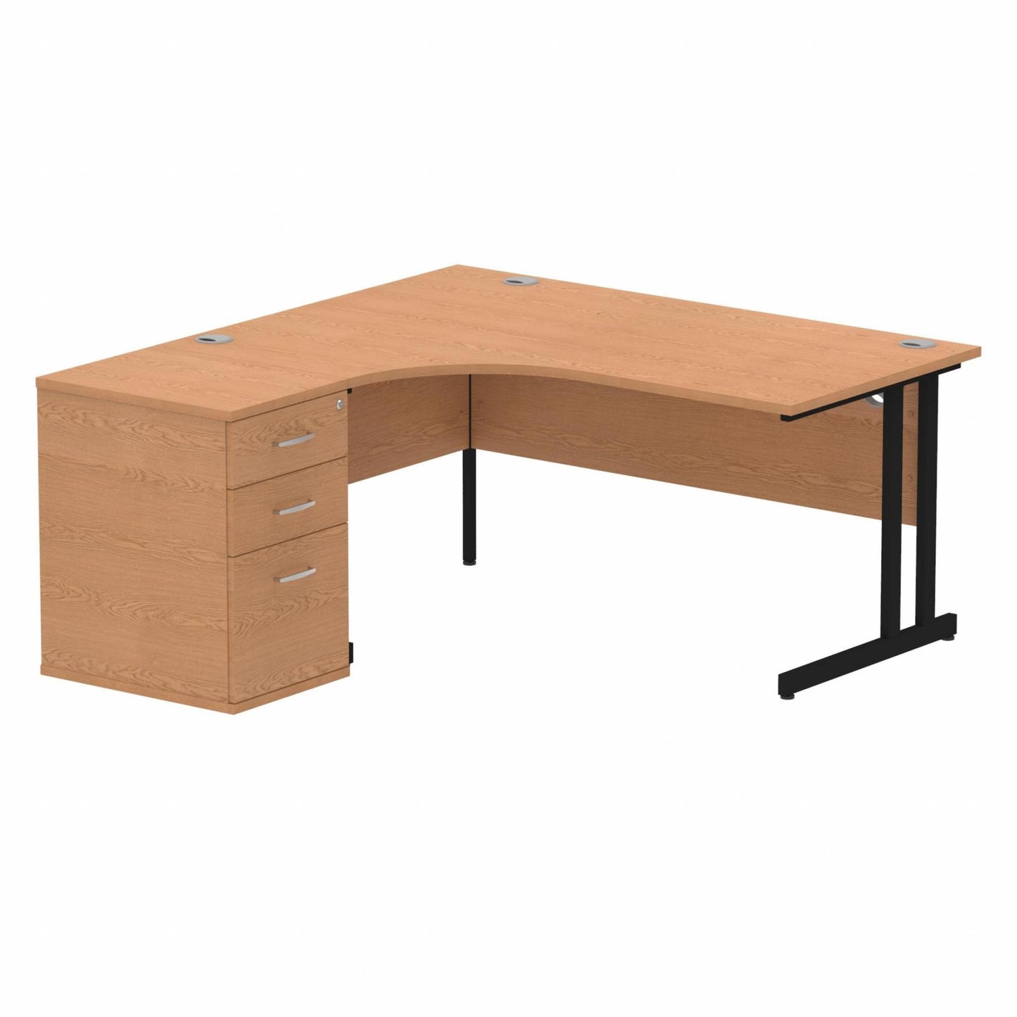 Impulse 1600mm Left Hand Curved Desk, Oak Top with Black Cantilver Legs inc 3 Drawer Desk High Pedestal