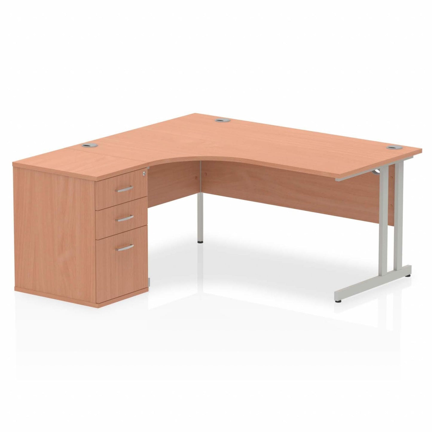 Impulse 1600mm Left Hand Curved Desk, Beech Top with Silver Cantilver Legs inc 3 Drawer Desk High Pedestal