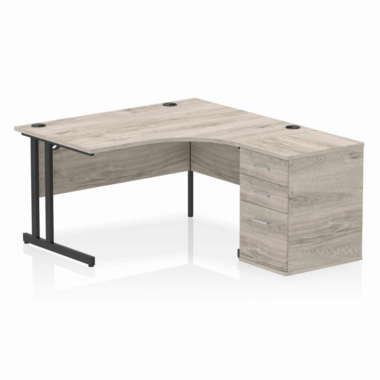 Impulse 1400mm Right Hand Curved Desk, Grey Oak Top with Black Cantilver Legs inc 3 Drawer Desk High Pedestal