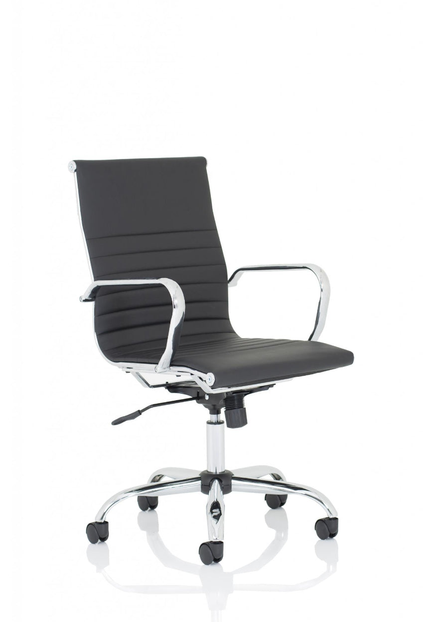 A black, soft bonded leather executive chair with fixed arms, chrome armrests, and a five-star base.