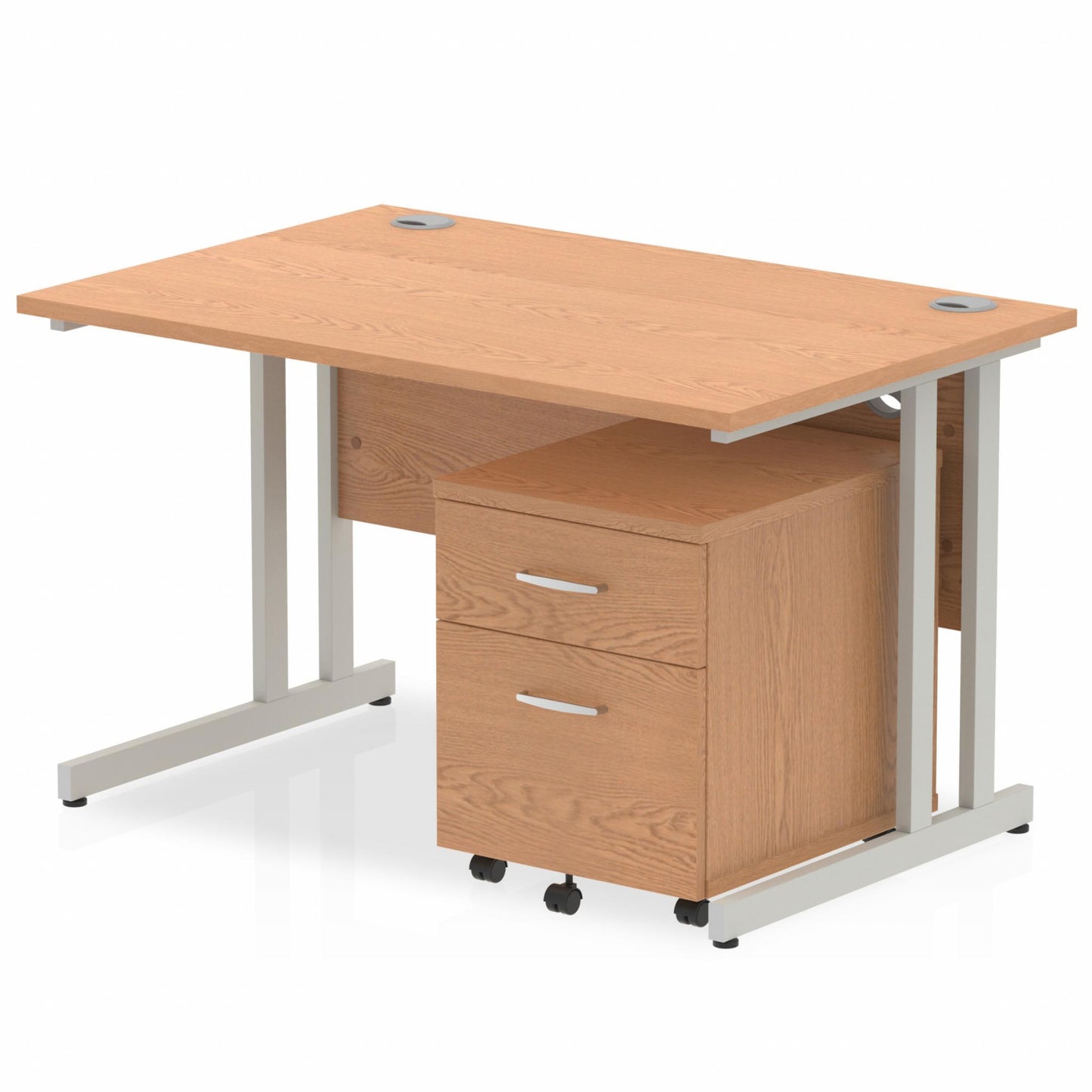 Oak straight desk with drawers on a white background