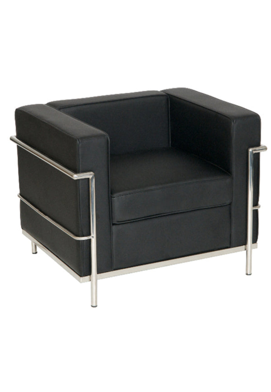 A black faux leather single seater sofa with a chrome tubular frame and solid underframe with support legs.
