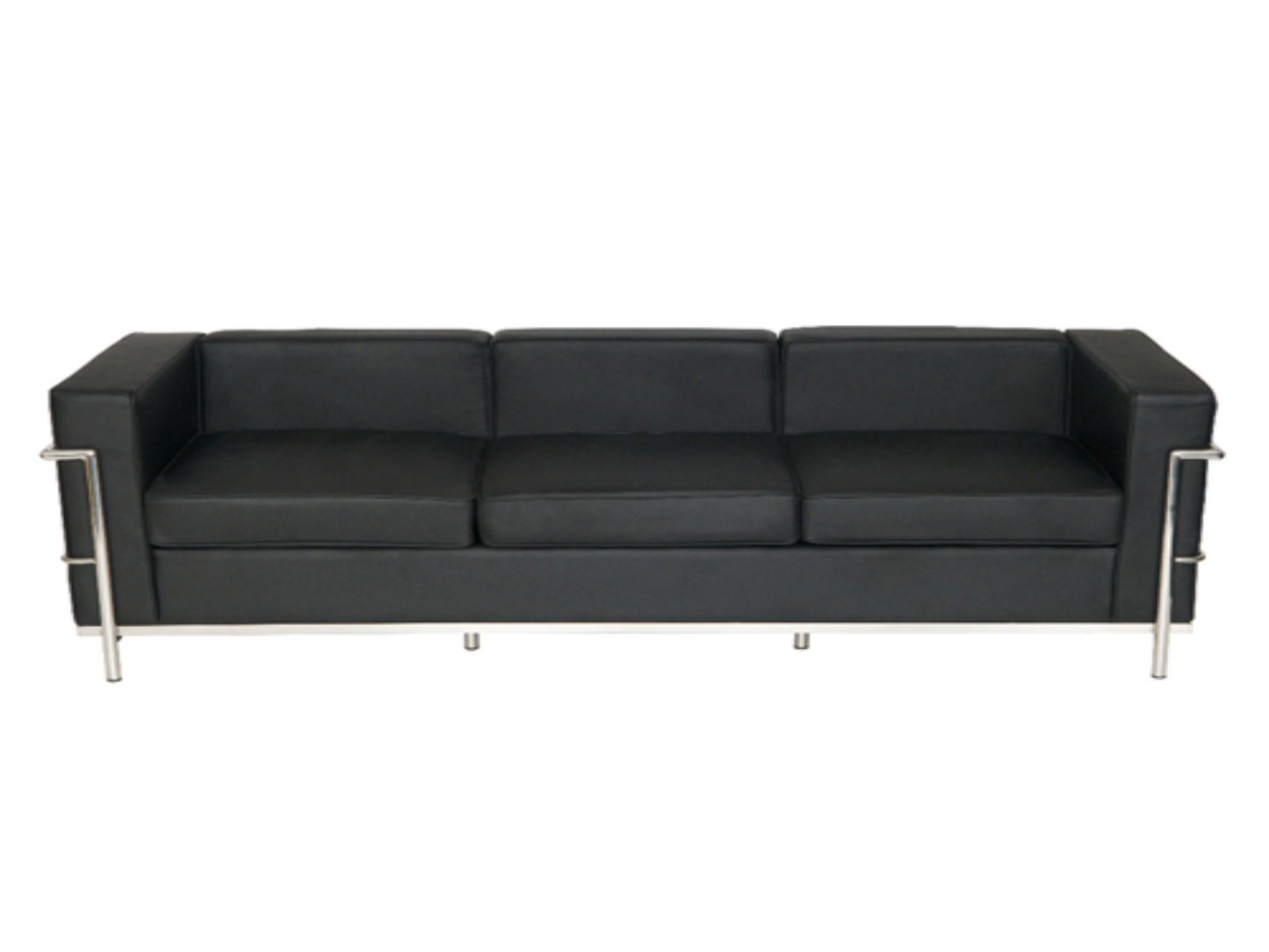 Black leather sofa with chrome legs on a white background