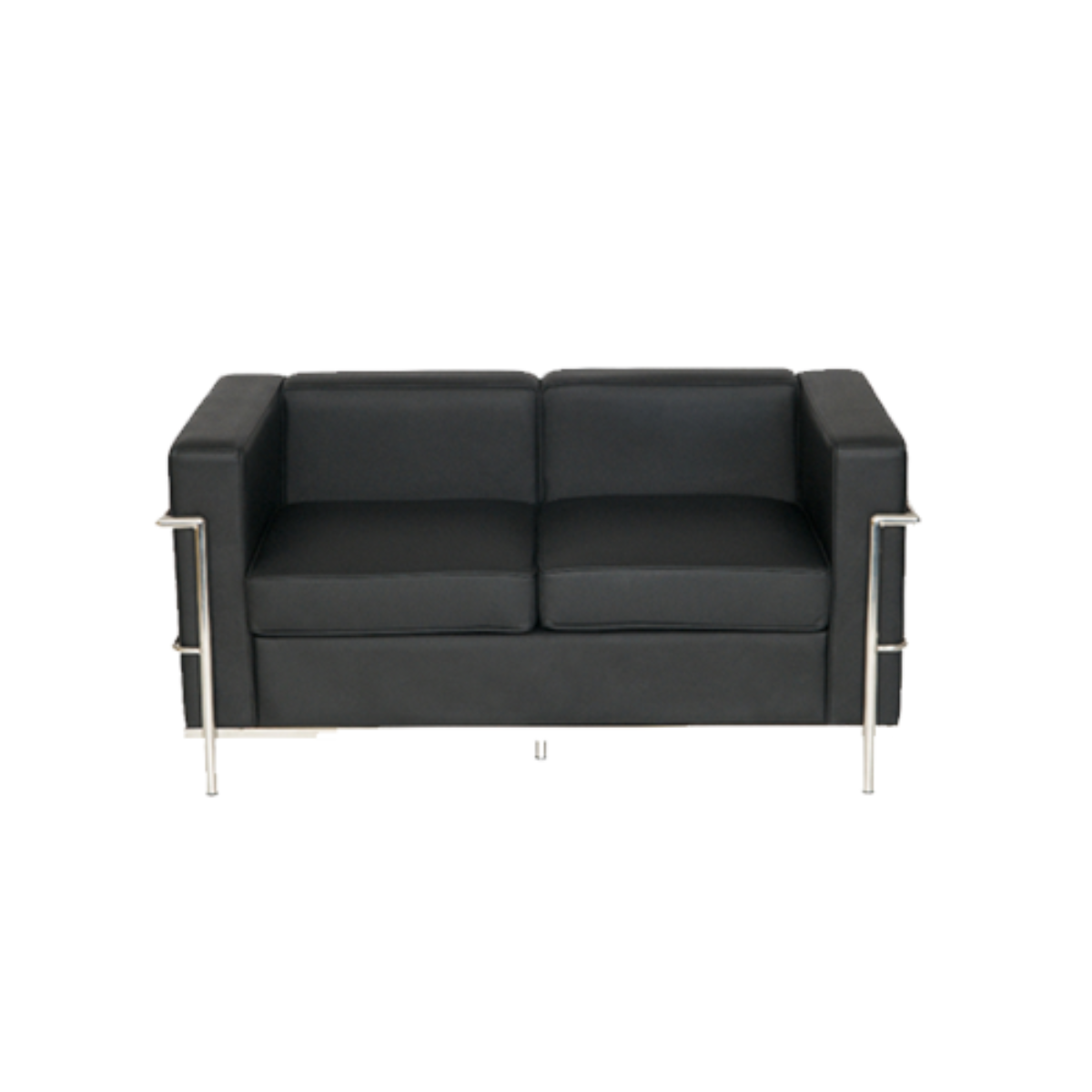 Black leather sofa with chrome frame on a white background