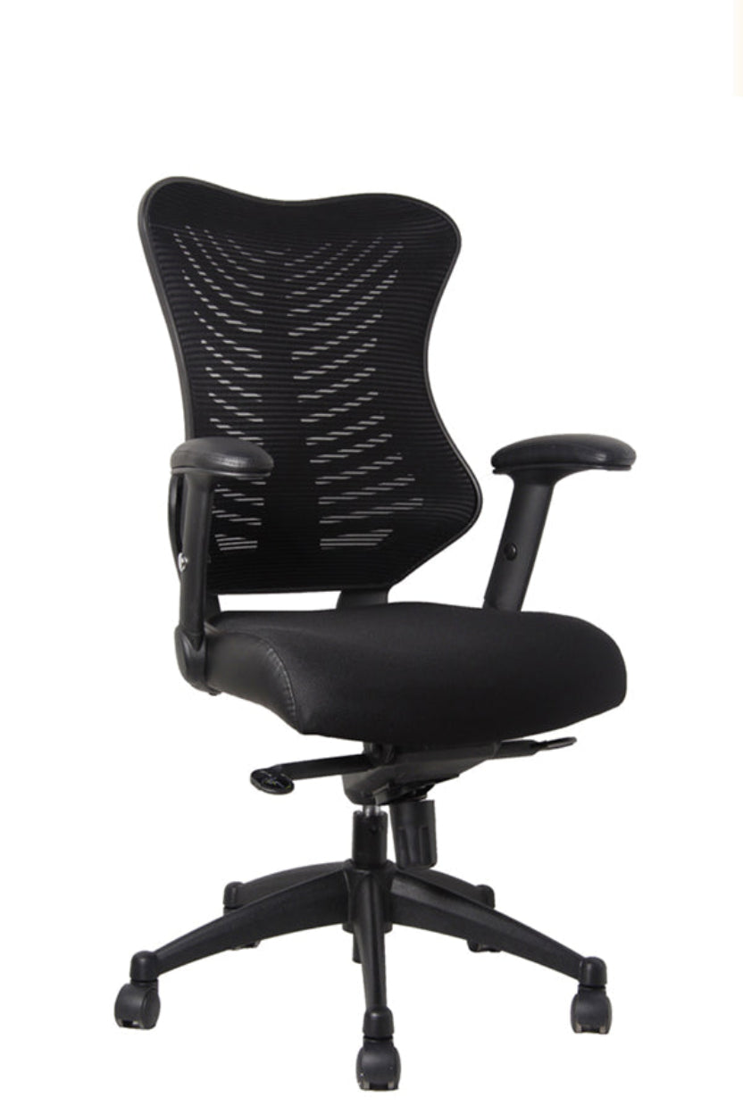 A black high back executive mesh armchair with height adjustable arms, foam and fabric faux leather arm rests, and a five-star base with casters.